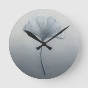 3D Textured Embroidery Ginkgo Leaf Blue Grey Round Clock
