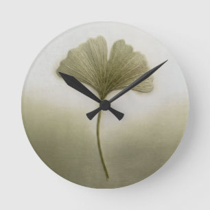 3D Textured Embroidery Ginkgo Leaf Sage Green Round Clock