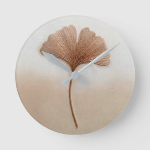 3D Textured Embroidery Ginkgo Leaf Warm Taupe Round Clock
