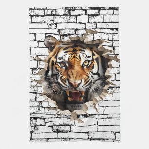 3D Tiger Wall Break Art – Realistic Safari Tea Towel