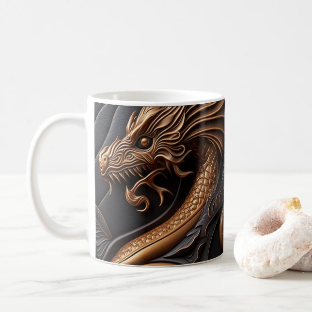 3D Tooled Leather Look Printed Dragon Coffee Mug (With Donut)