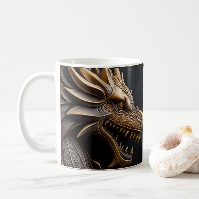 3D Tooled Leather Look Printed Dragon Coffee Mug (With Donut)
