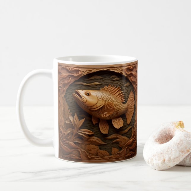 3D Tooled Leather Look Printed Fish Coffee Mug (With Donut)