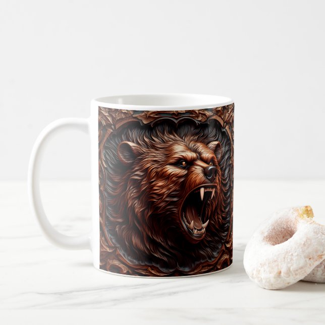 3D Tooled Leather Look Printed Grizzly Bear Coffee Mug (With Donut)