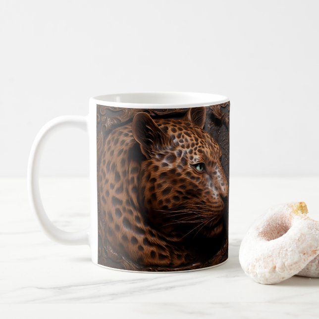 3D Tooled Leather Look Printed Leopard Cat Coffee Mug (With Donut)