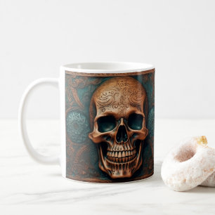 3D Tooled Leather Look Printed Skeleton Skull Coffee Mug