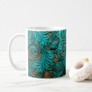 3D Tooled Leather Look Printed Western Flowers Coffee Mug