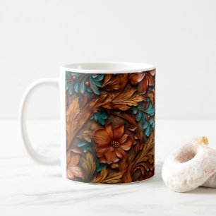 3D Tooled Leather Look Printed Western Flowers Coffee Mug