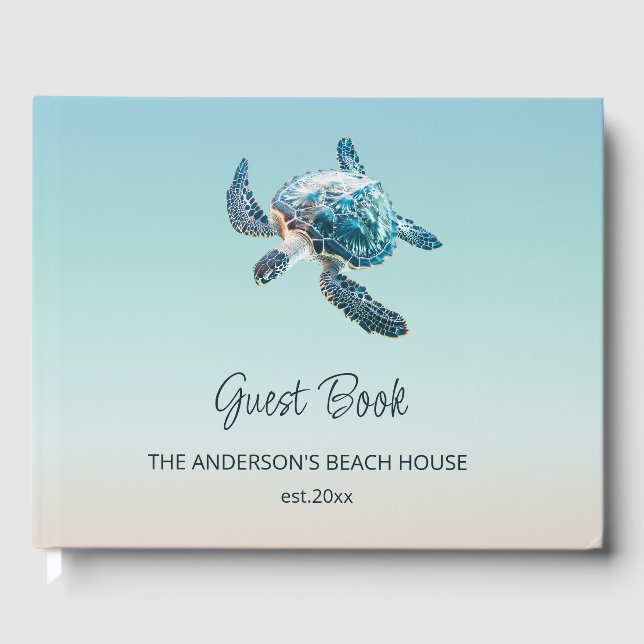 3D Turtle Turquoise Coastal Beach House Guest Book (Front)