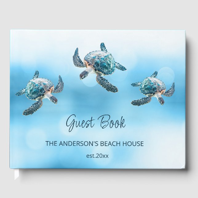 3D Turtle Turquoise Coastal Beach House Guest Book (Front)