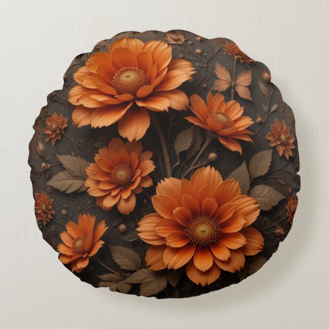3d victorian burnt orange big flowers round cushion (Front)