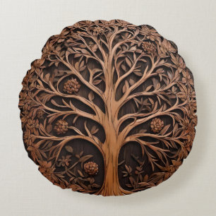 3D Warah Tree Wood Print, Round Cushion
