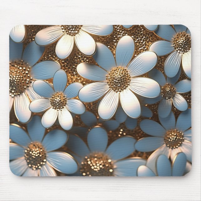 3D White and Gold Daisy  Mouse Mat (Front)