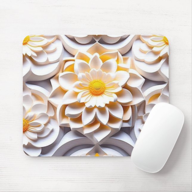 3D White and Yellow Flowers Mouse Mat (With Mouse)