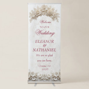 3D White Floral Burgundy All In One Wedding Invite Retractable Banner