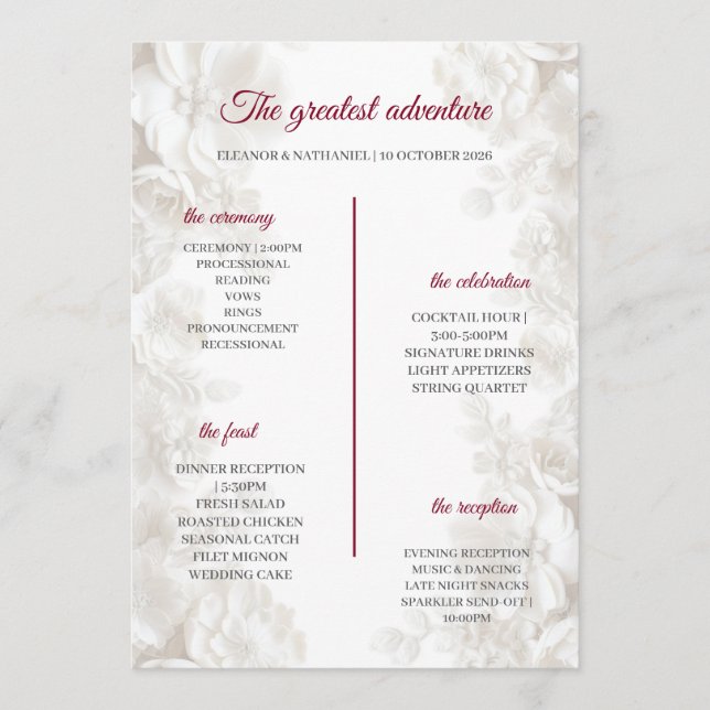 3D White Floral Burgundy Wedding Ceremony Programs Programme (Front)