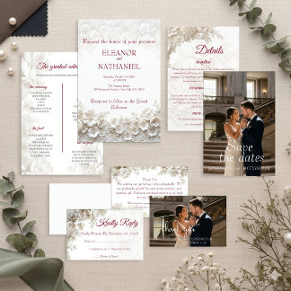 3D White Floral Burgundy Wedding Invite