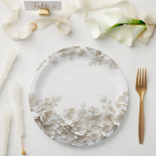 3D White Floral Burgundy Wedding Save The Date Car Paper Plate