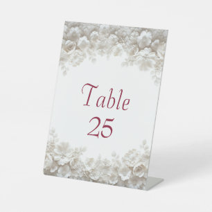 3D White Floral Burgundy Wedding Table Number Card Pedestal Sign