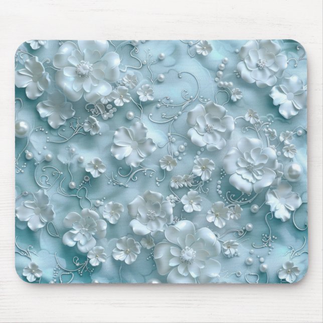 3D White Flowers on Light Blue Background Mouse Mat (Front)