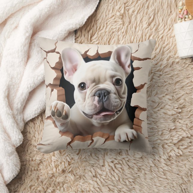 3D White French Bulldog Cracked Hole Cushion (Blanket)