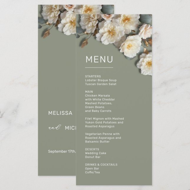 3D White Roses Sage Green Menu (Front/Back)