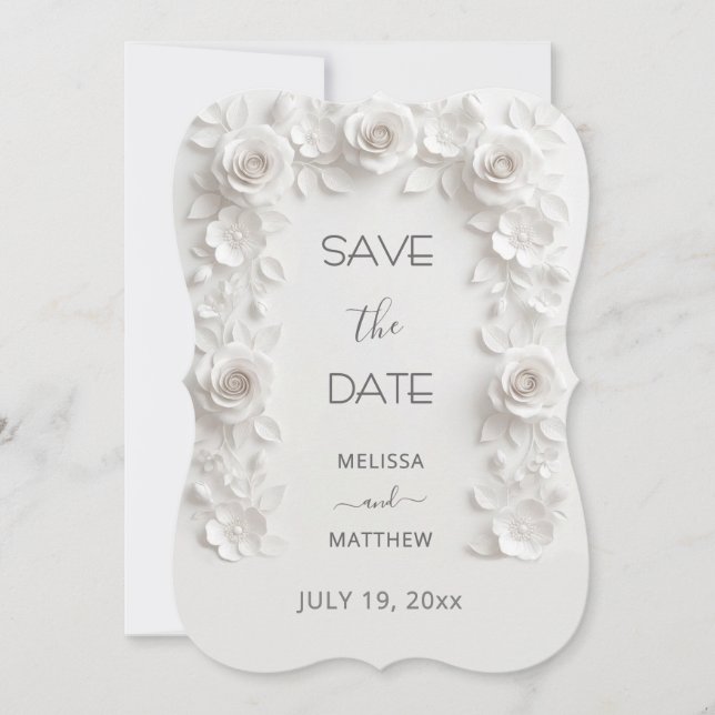 3D White Roses Save The Date Card (Front)