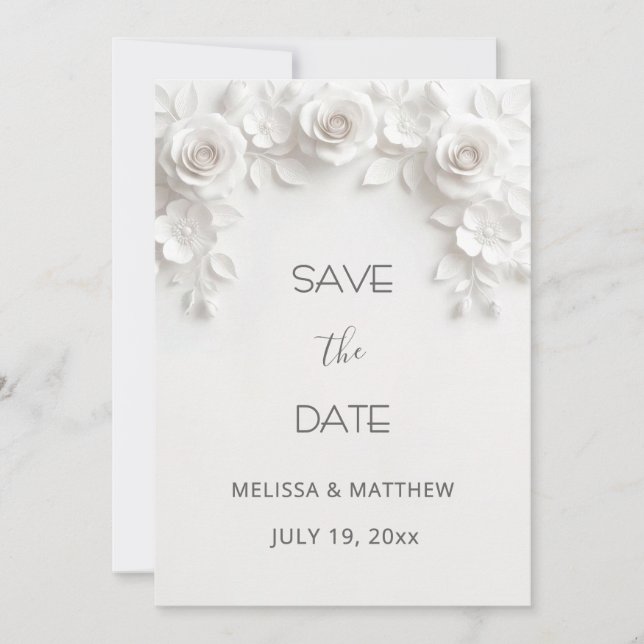 3D White Roses Save The Date Card (Front)