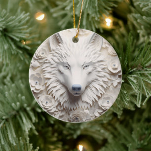 3D White Wolf Christmas Ceramic Tree Decoration