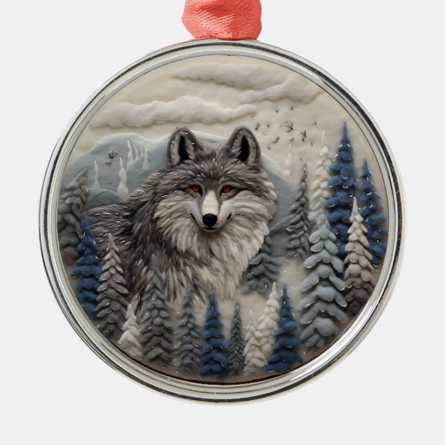3D Wolf Woodland Chirstmas Animal  Metal Tree Decoration (Front)