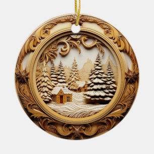 3D Wood Look Winter Cabin In The Woods Ceramic Tree Decoration