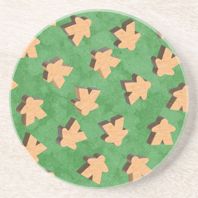 3D Wood Meeple Game Piece on Green  Coaster (Front)