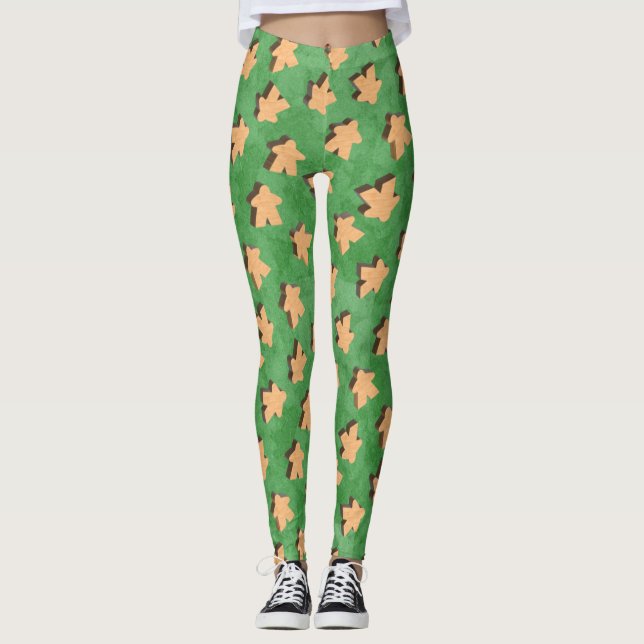 3D Wood Meeple Game Piece on Green Leggings (Front)