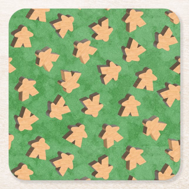 3D Wood Meeple Game Piece on Green  Napkins Square Paper Coaster (Front)