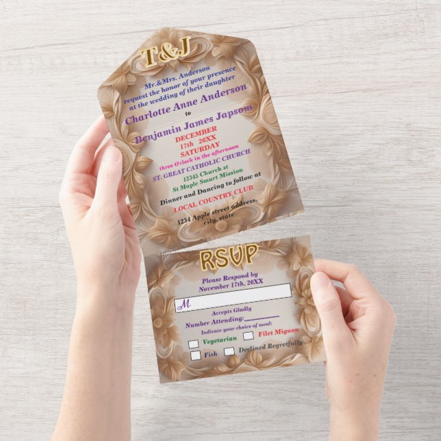 3D Wooden Frame Floral Wedding All In One Invitation (Tearaway)