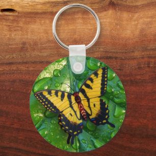 3D Yellow Butterfly on Green leaf Raindrops   Key Ring