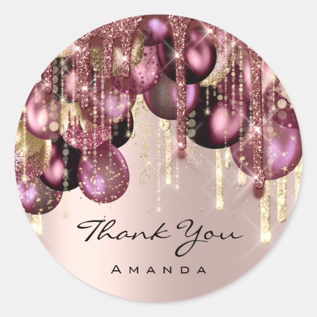 3DGOLD GLITTER BALLONS DRIP THANK YOU Rose Classic Round Sticker (Front)