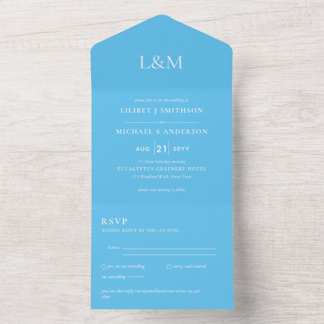 3in1 Aqua Sky Blue Text Only Wedding Invite RSVP (Inside)