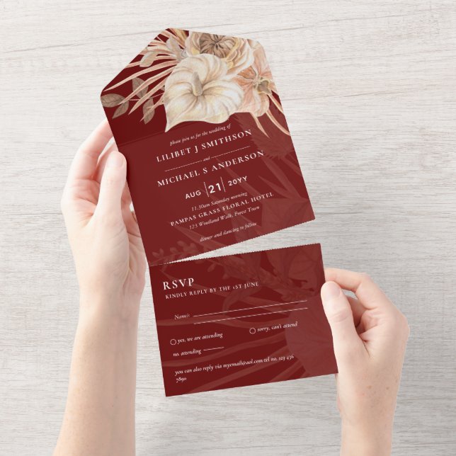 3in1 BOHO Pampas Grass Terracotta Wedding RSVP All In One Invitation (Tearaway)