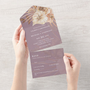 3in1 BOHO Pampas Grass Terracotta Wedding RSVP All In One Invitation