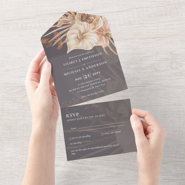 3in1 BOHO Pampas Grass Terracotta Wedding RSVP All In One Invitation (Tearaway)