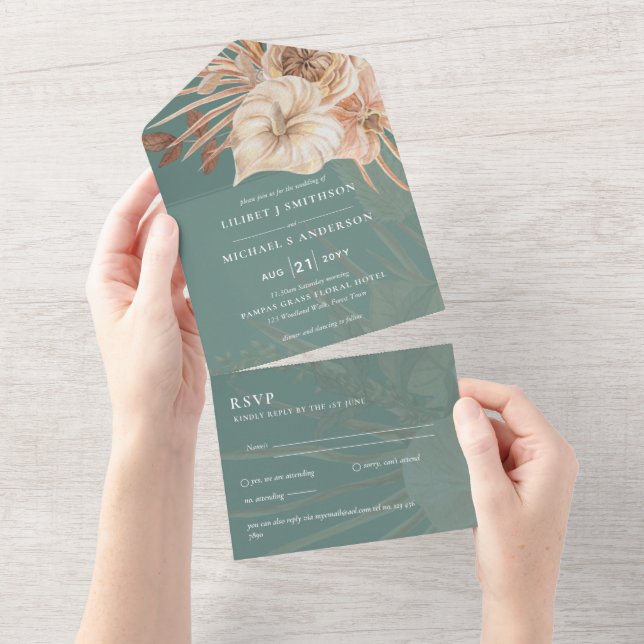 3in1 BOHO Pampas Grass Terracotta Wedding RSVP All In One Invitation (Tearaway)
