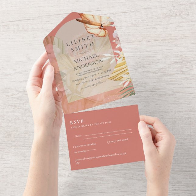 3in1 Boho Pampas Grass Wedding RSVP All In One Invitation (Tearaway)