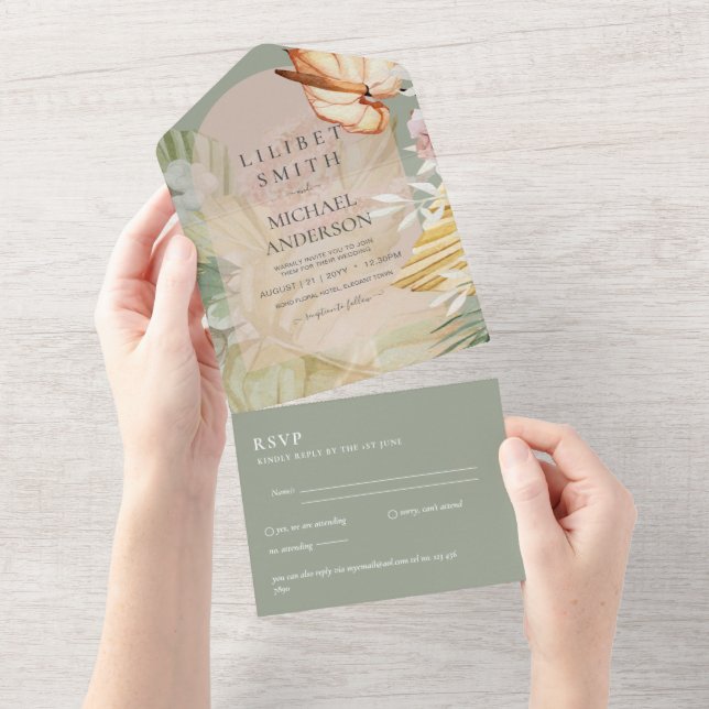 3in1 Boho Pampas Grass Wedding RSVP All In One Invitation (Tearaway)