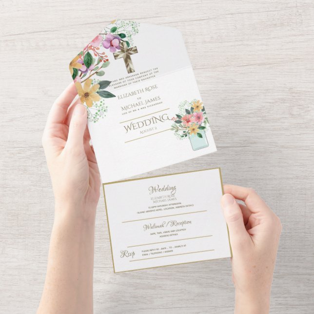3in1 Catholic Wedding Invites Floral Gold RSVP (Tearaway)