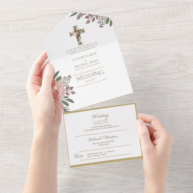 3in1 Catholic Wedding Invites Floral Gold RSVP (Tearaway)