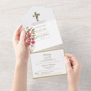 3in1 Catholic Wedding Invites Floral Gold RSVP