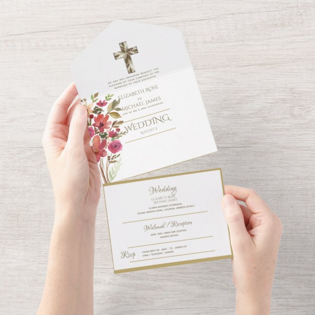 3in1 Catholic Wedding Invites Floral Gold RSVP (Tearaway)