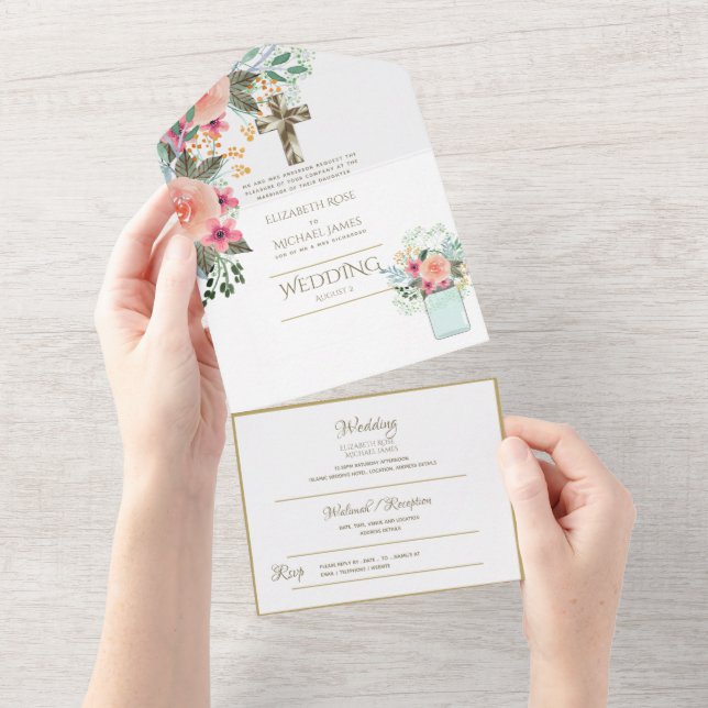 3in1 Catholic Wedding Invites Floral Gold RSVP (Tearaway)