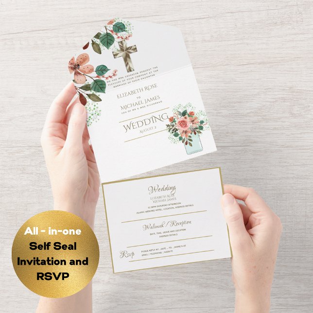 3in1 Catholic Wedding Invites Floral Gold RSVP (Creator Uploaded)